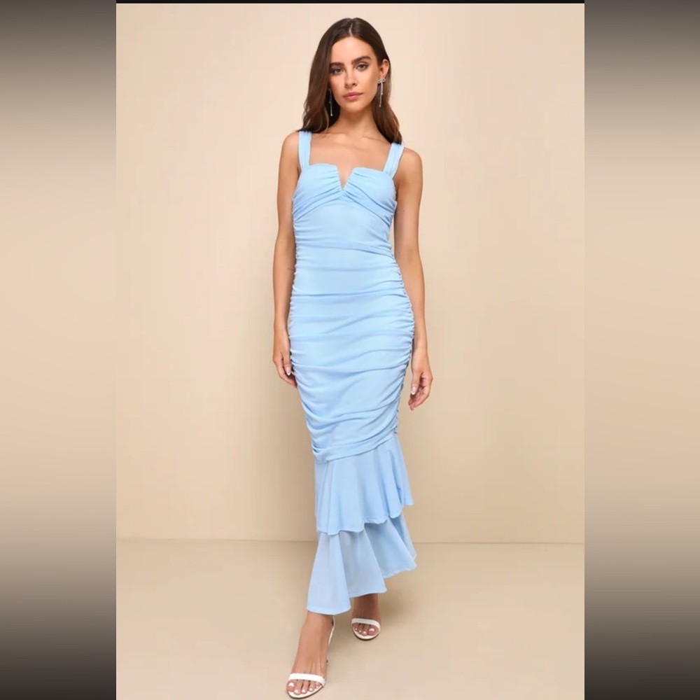 Light Blue Mesh Ruched Trumpet Midi Dress